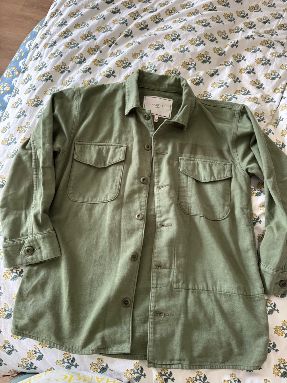 THE GREAT. Olive Green Cotton Button-Down Overshirt